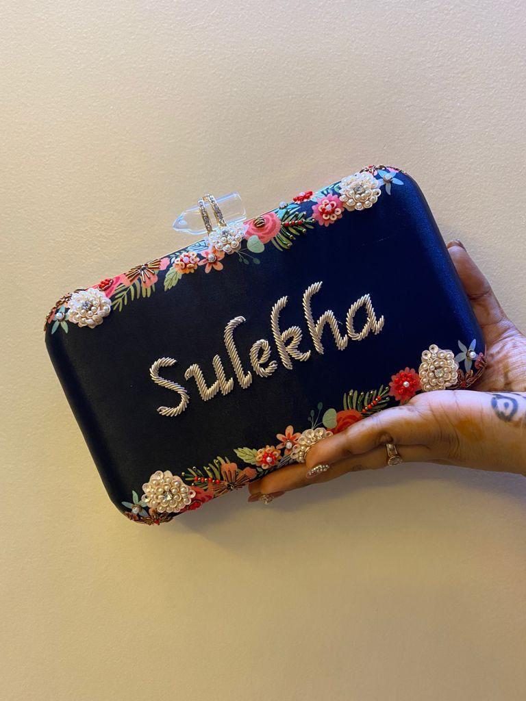 Customised Floral Embroidered Clutch with Transparent Knob - Blacks
