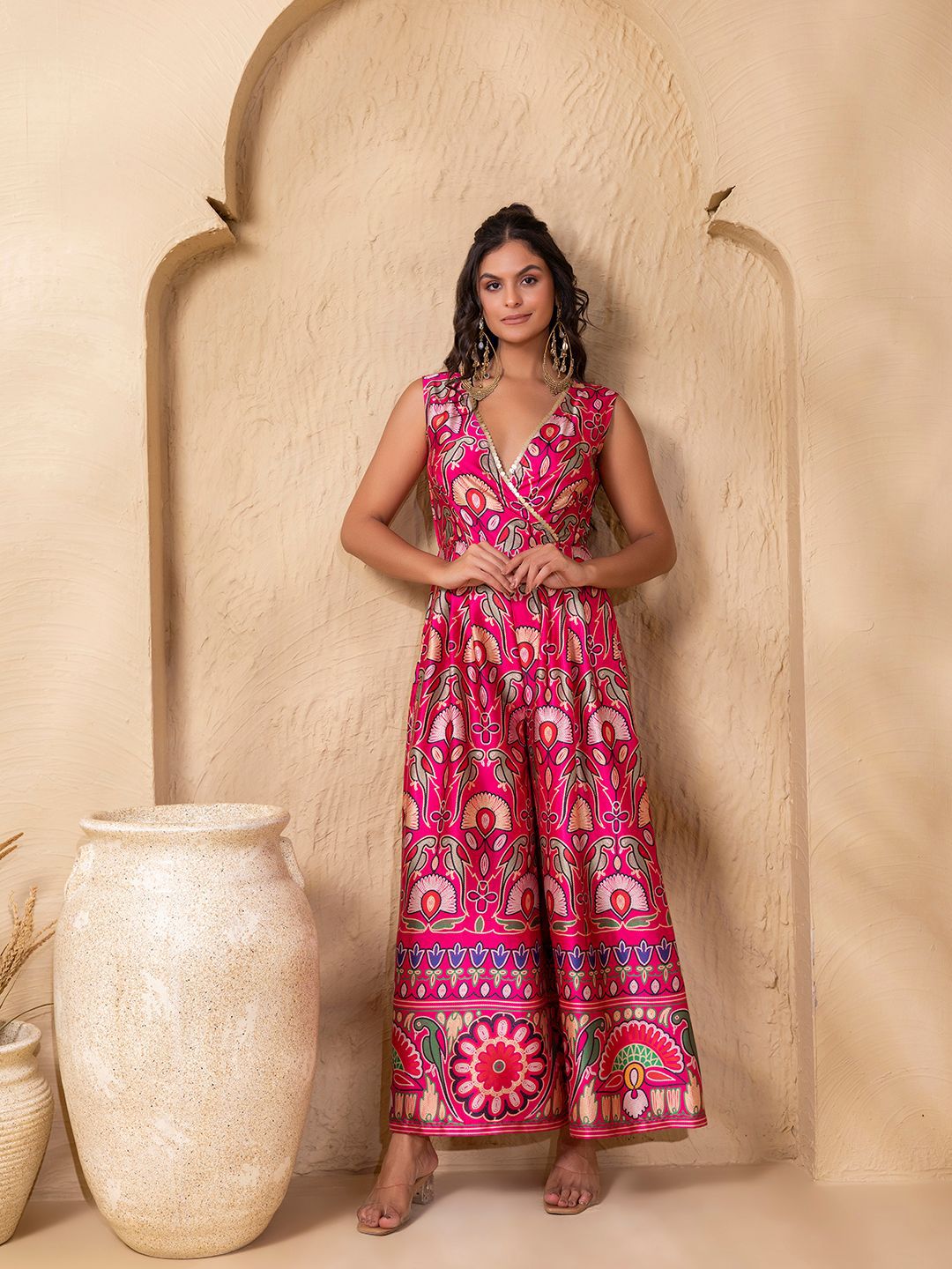 Pink Wide Legged jumpsuit in Gujrati Print