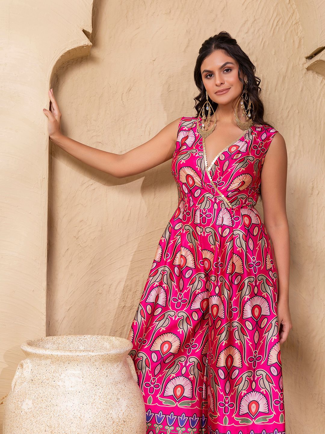 Pink Wide Legged jumpsuit in Gujrati Print