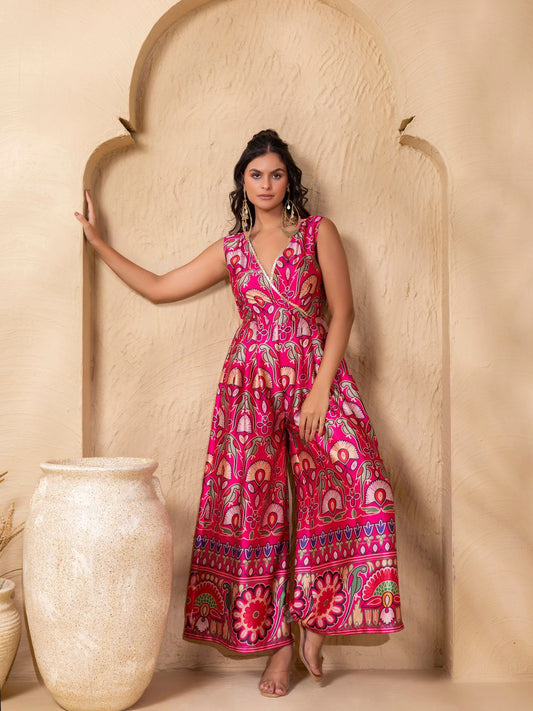 Pink Wide Legged jumpsuit in Gujrati Print