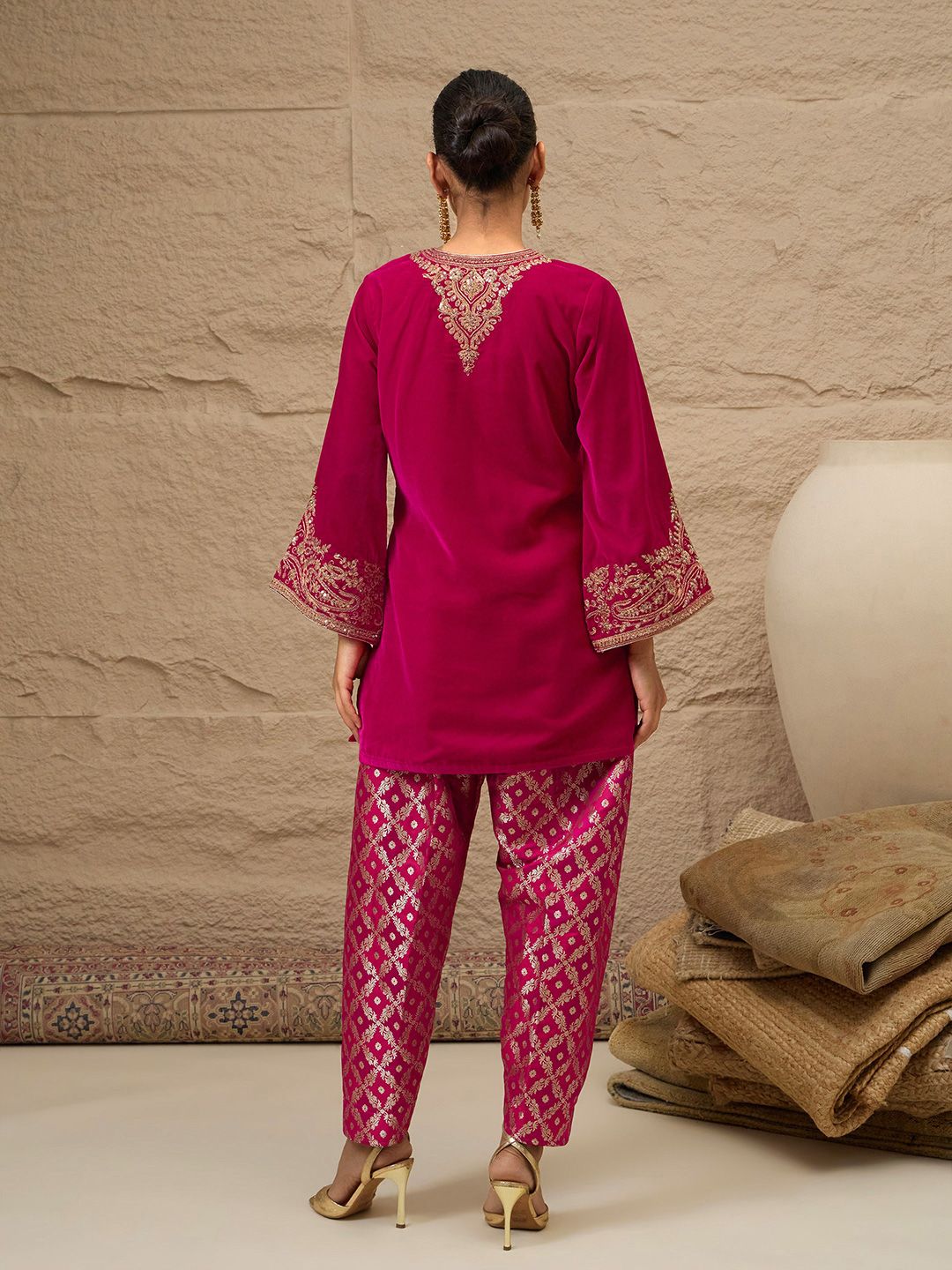 Ethnic Motifs Embroidered Thread Work Velvet Kurta With Patiala