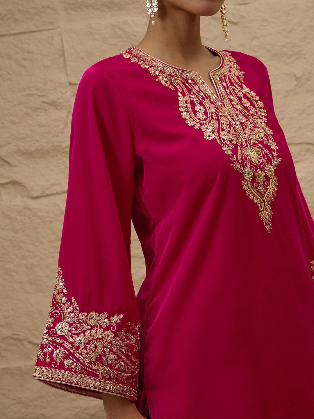 Ethnic Motifs Embroidered Thread Work Velvet Kurta With Patiala