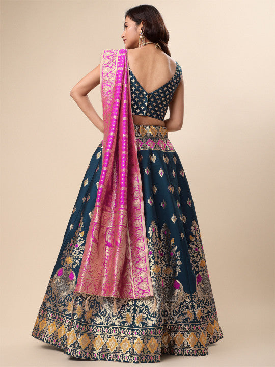 Ready to Wear Lehenga & Unstitched Blouse With Dupatta - Teal & Magenta