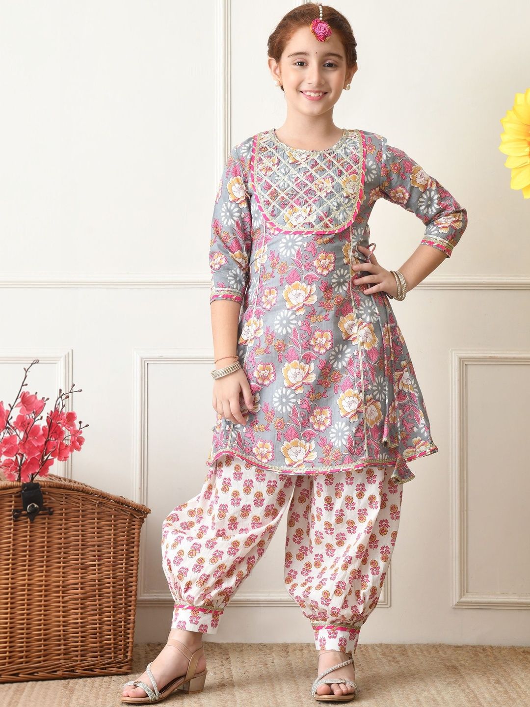 House of Pataudi Printed Pure Cotton Round Neck Kurta & Patiala Kurta Set