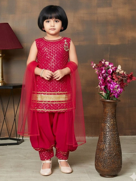 Girls Ethnic Motifs Embroidered Regular Sequinned Kurta with Patiala & With Dupatta