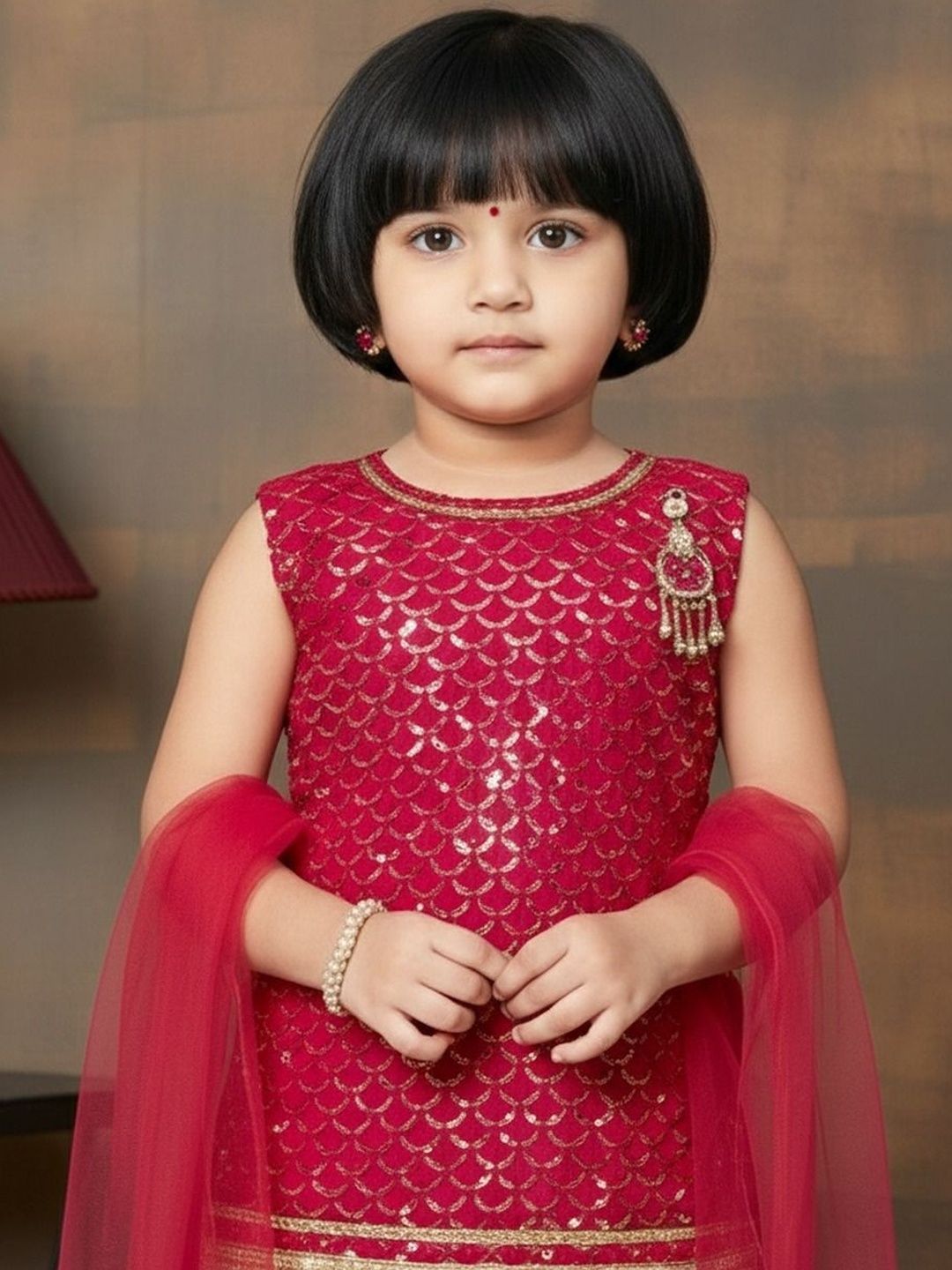 Girls Ethnic Motifs Embroidered Regular Sequinned Kurta with Patiala & With Dupatta