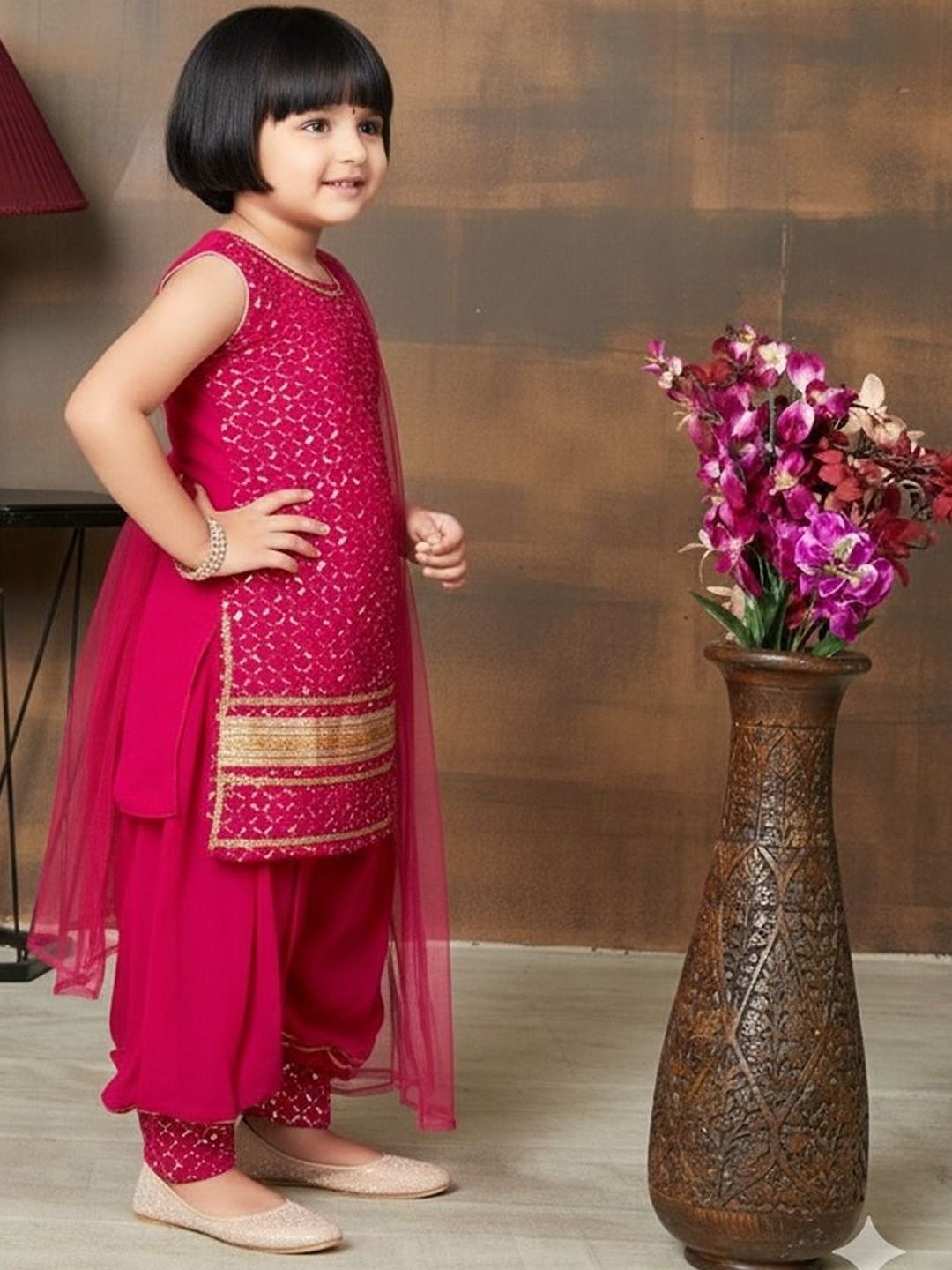 Girls Ethnic Motifs Embroidered Regular Sequinned Kurta with Patiala & With Dupatta