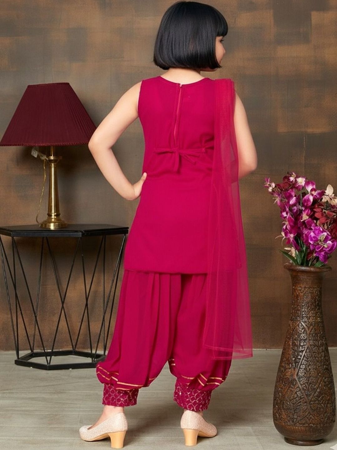 Girls Ethnic Motifs Embroidered Regular Sequinned Kurta with Patiala & With Dupatta