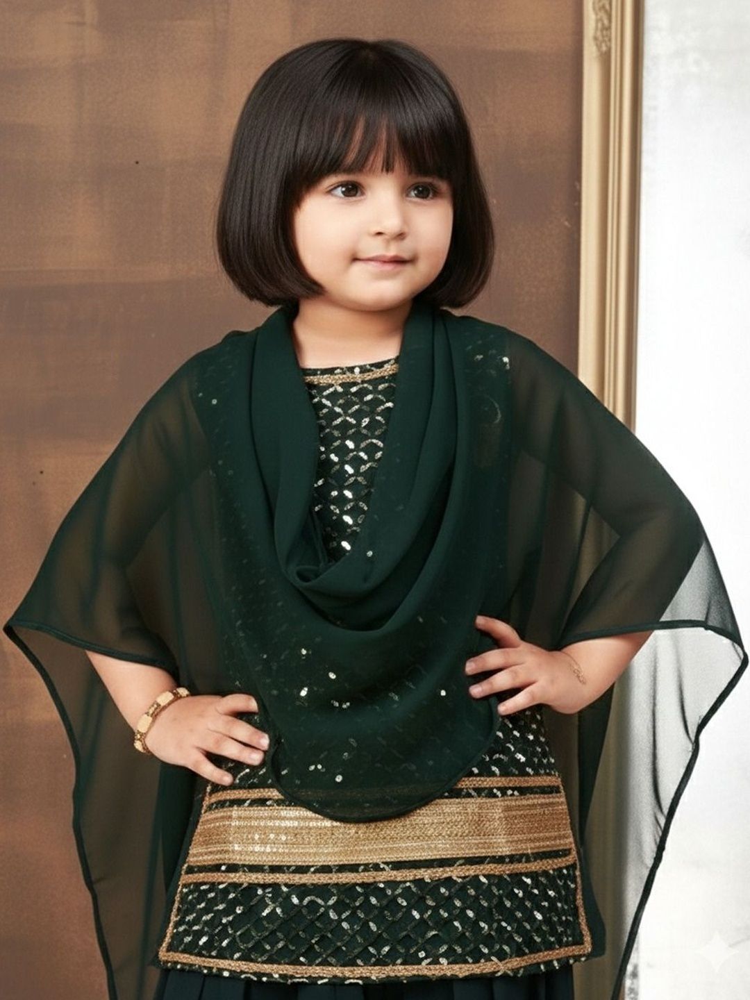 Girls Ethnic Motifs Embroidered Regular Sequinned Kurta with Patiala & With Dupatta