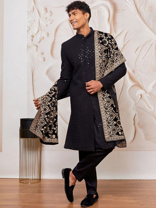 Black Embroidered Mandarin Collar Sherwani Set With Dupatta