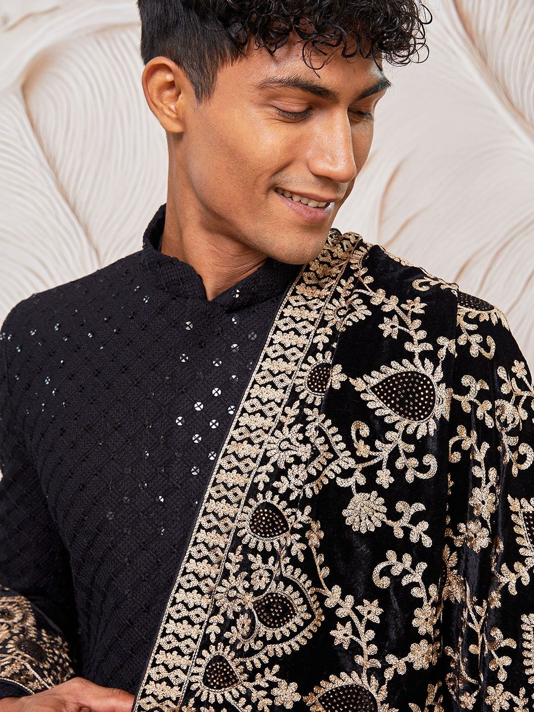 Black Embroidered Mandarin Collar Sherwani Set With Dupatta
