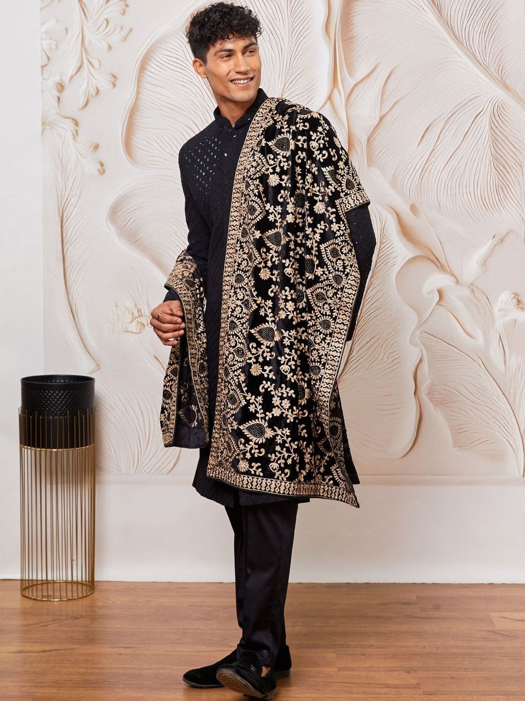 Black Embroidered Mandarin Collar Sherwani Set With Dupatta