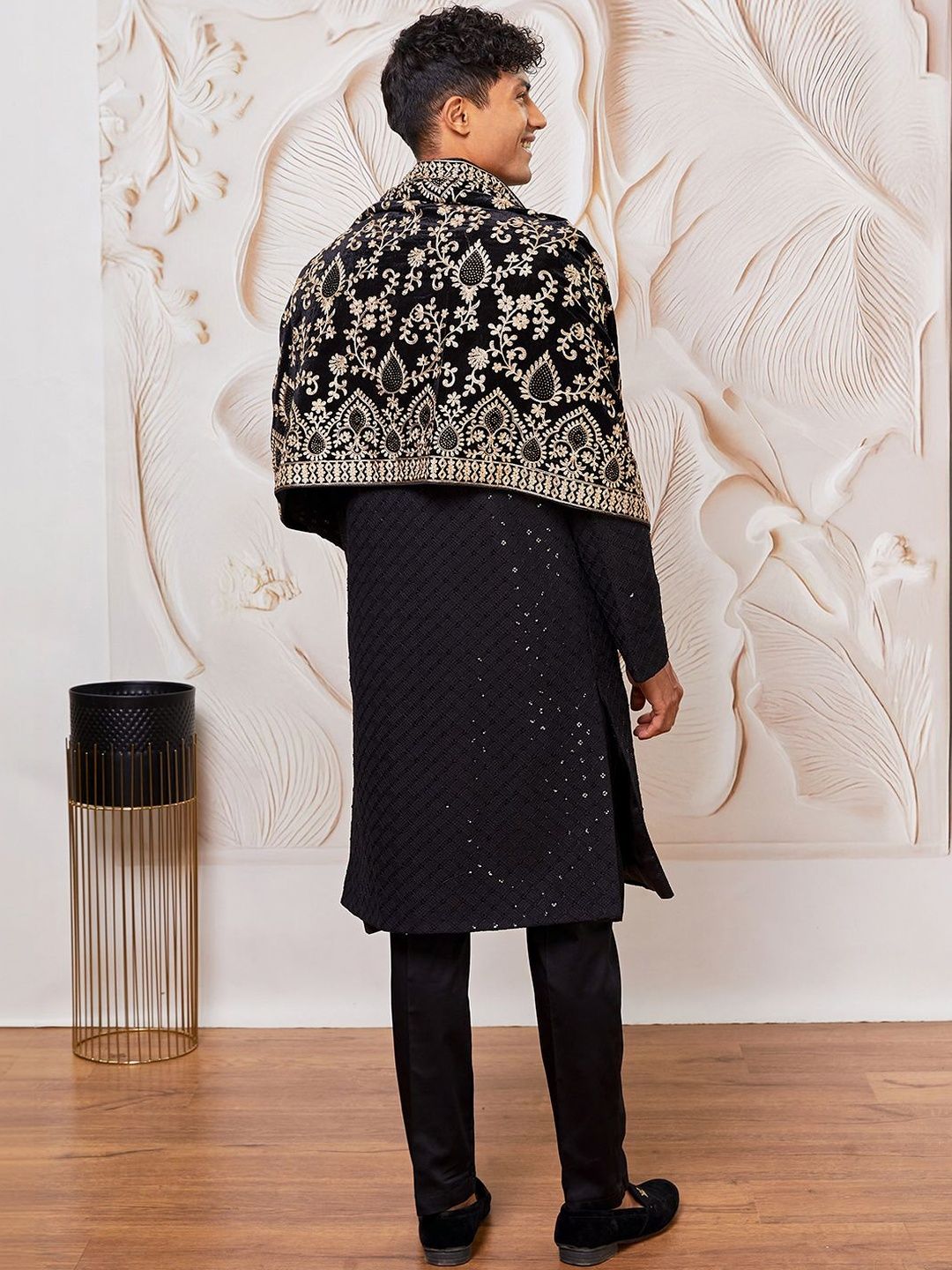 Black Embroidered Mandarin Collar Sherwani Set With Dupatta