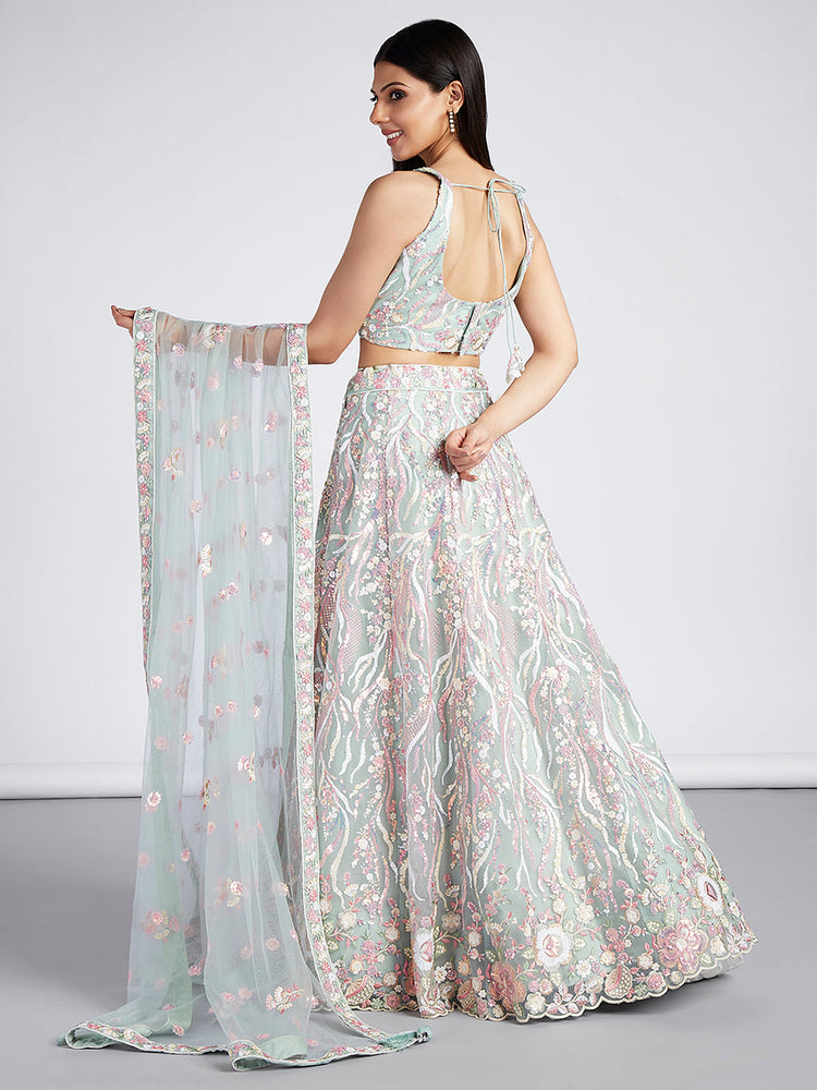Lime Green Net Sequins and thread embroidery Semi-Stitched Lehenga choli Dupatta