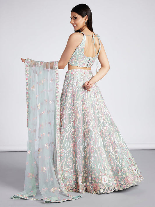 Lime Green Net Sequins and thread embroidery Semi-Stitched Lehenga choli Dupatta