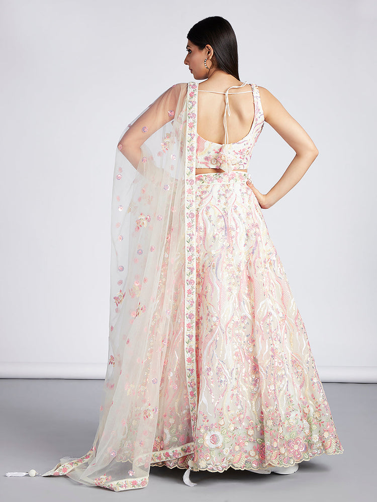 Cream Net Sequins and thread embroidery Semi-Stitched Lehenga choli Dupatta