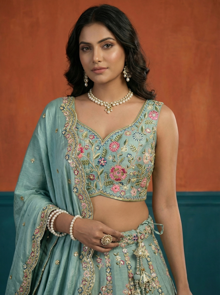 Seagreen - Chinon Sequins, Moti, Mirror and Thread Embroidered Semi-Stitched Lehenga