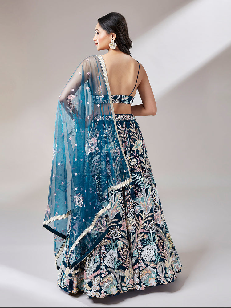 Navy Blue - Net Multi-Sequins Work Semi-Stitched Lehenga