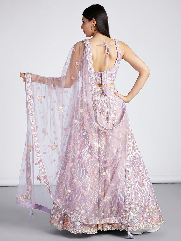 Lavender Net Sequins and thread embroidery Semi-Stitched Lehenga choli & Dupatta