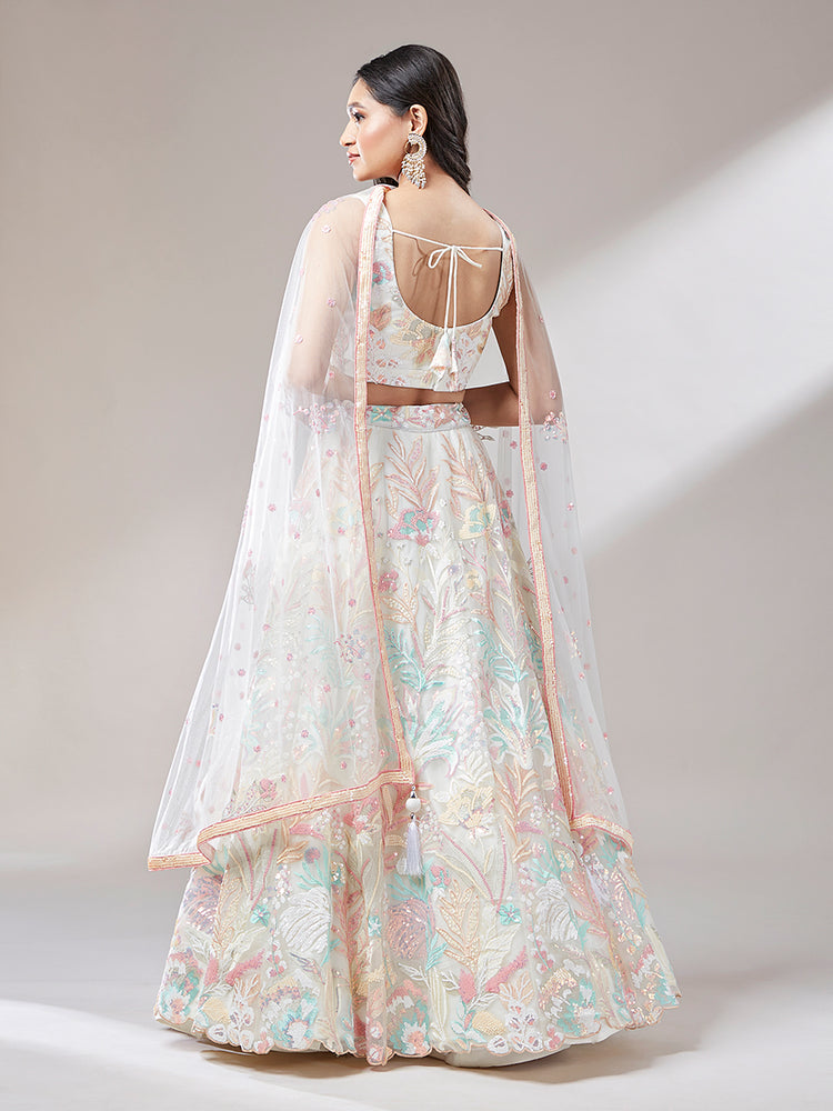 Cream - Net Multi-Sequins Work Semi-Stitched Lehenga