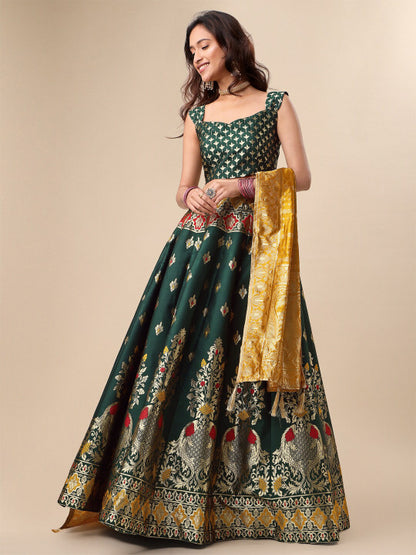 Ready to Wear Lehenga & Unstitched Blouse With Dupatta - Bottle Green