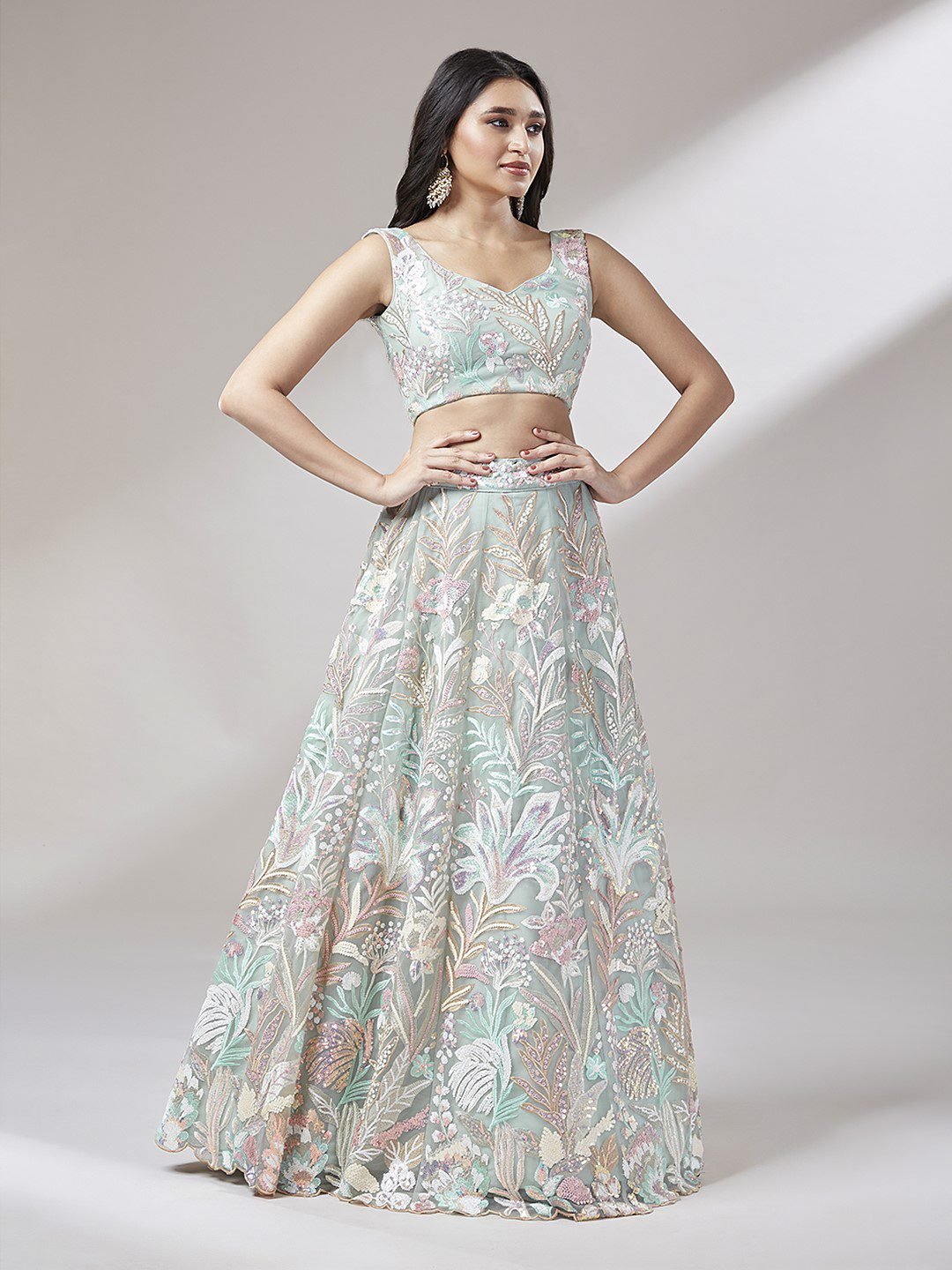 Lime Green Net Multi-Sequins Work Semi-Stitched Lehenga