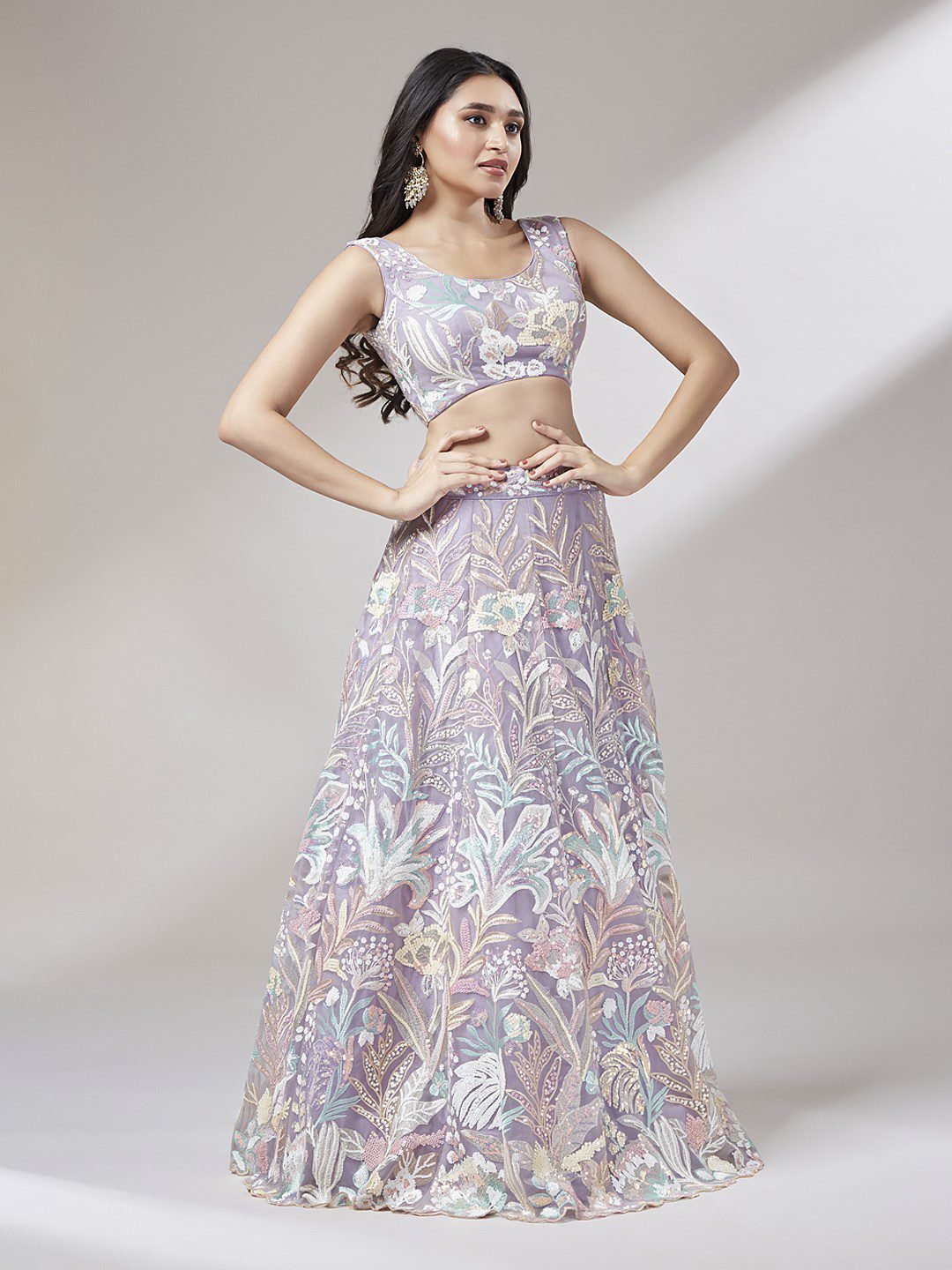 Net Multi-Sequins Work Semi-Stitched Lehenga Lavender