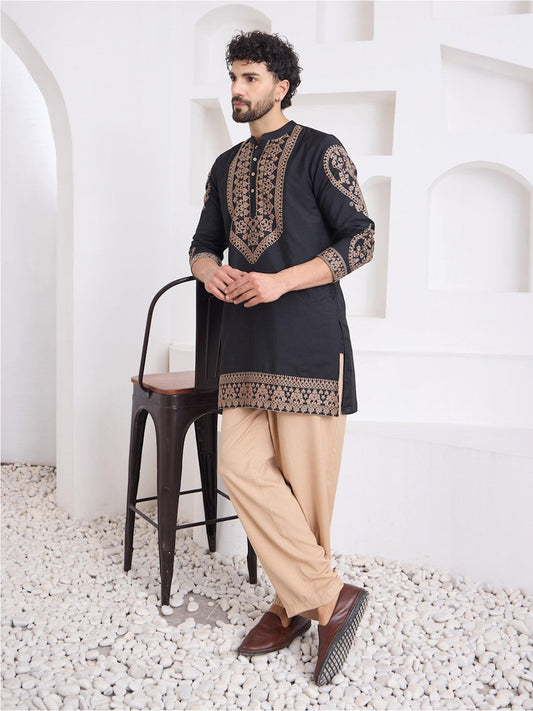 Men Silk Jacquard Detailing Short Kurta With Bottom - House of Pataudi