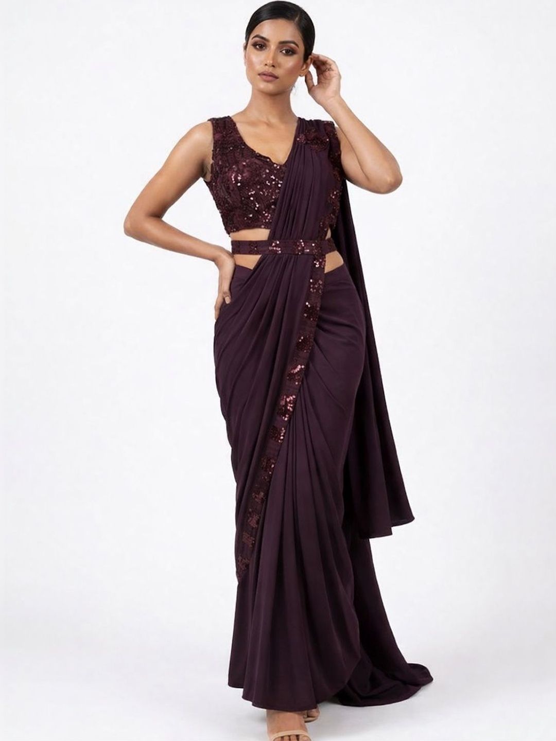 Wine Purple Sequin Embellished Ready-to-Wear Designer Saree with Floral Blouse
