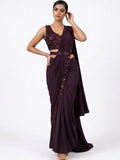 Wine Purple Sequin Embellished Ready-to-Wear Designer Saree with Floral Blouse