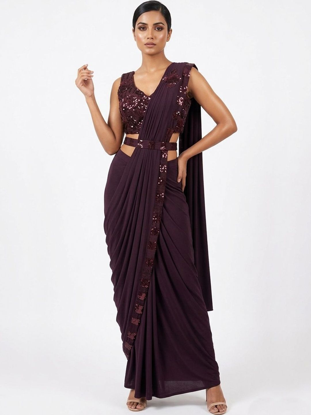Wine Purple Sequin Embellished Ready-to-Wear Designer Saree with Floral Blouse
