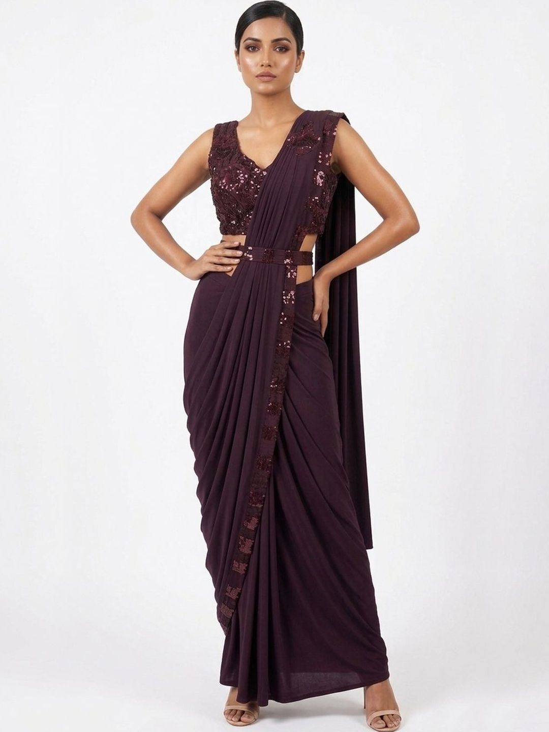Wine Purple Sequin Embellished Ready-to-Wear Designer Saree with Floral Blouse