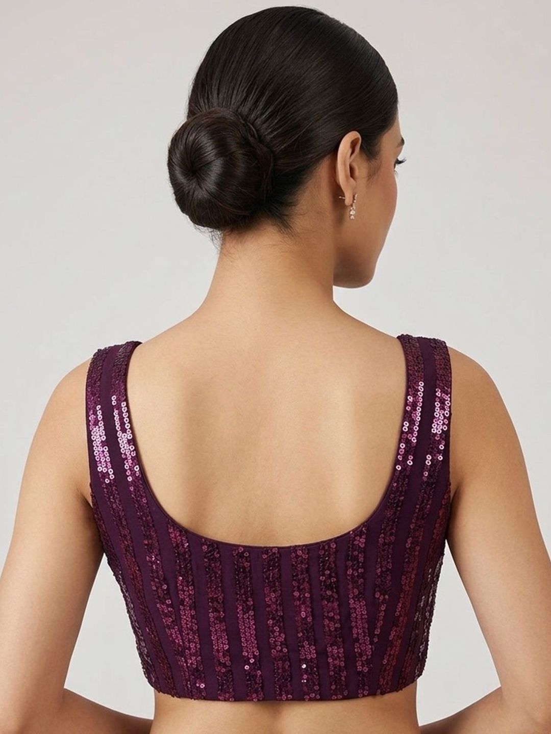 Wine Purple Sequin Embellished Ready-to-Wear Designer Saree with Floral Blouse