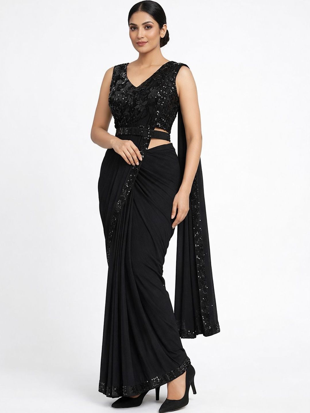 Black Sequin Embellished Designer Saree with Sleeveless Blouse