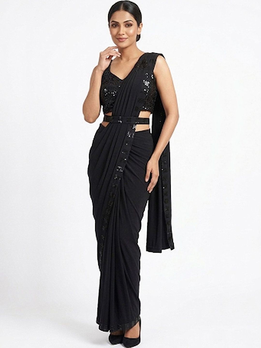 Black Sequin Embellished Designer Saree with Sleeveless Blouse