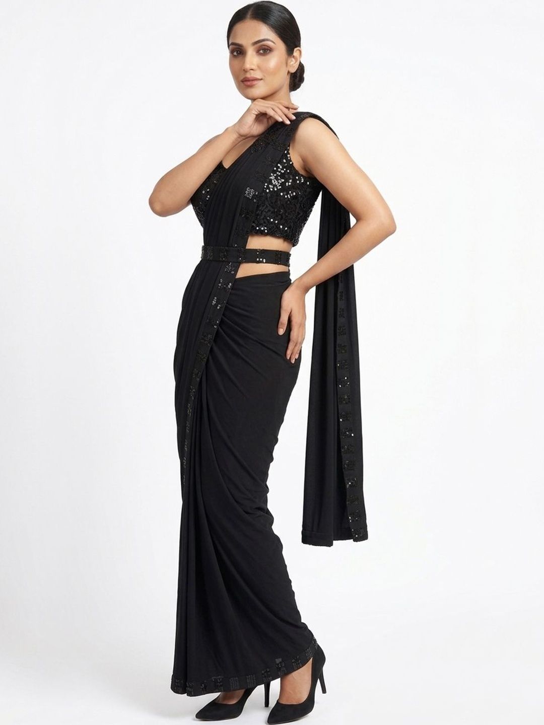 Black Sequin Embellished Designer Saree with Sleeveless Blouse