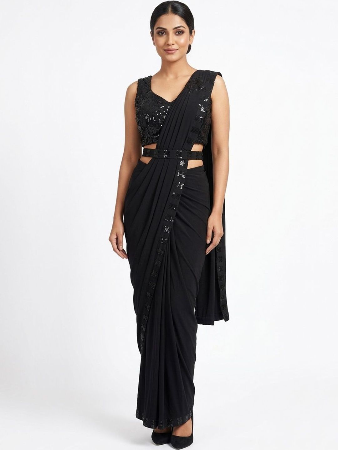 Black Sequin Embellished Designer Saree with Sleeveless Blouse