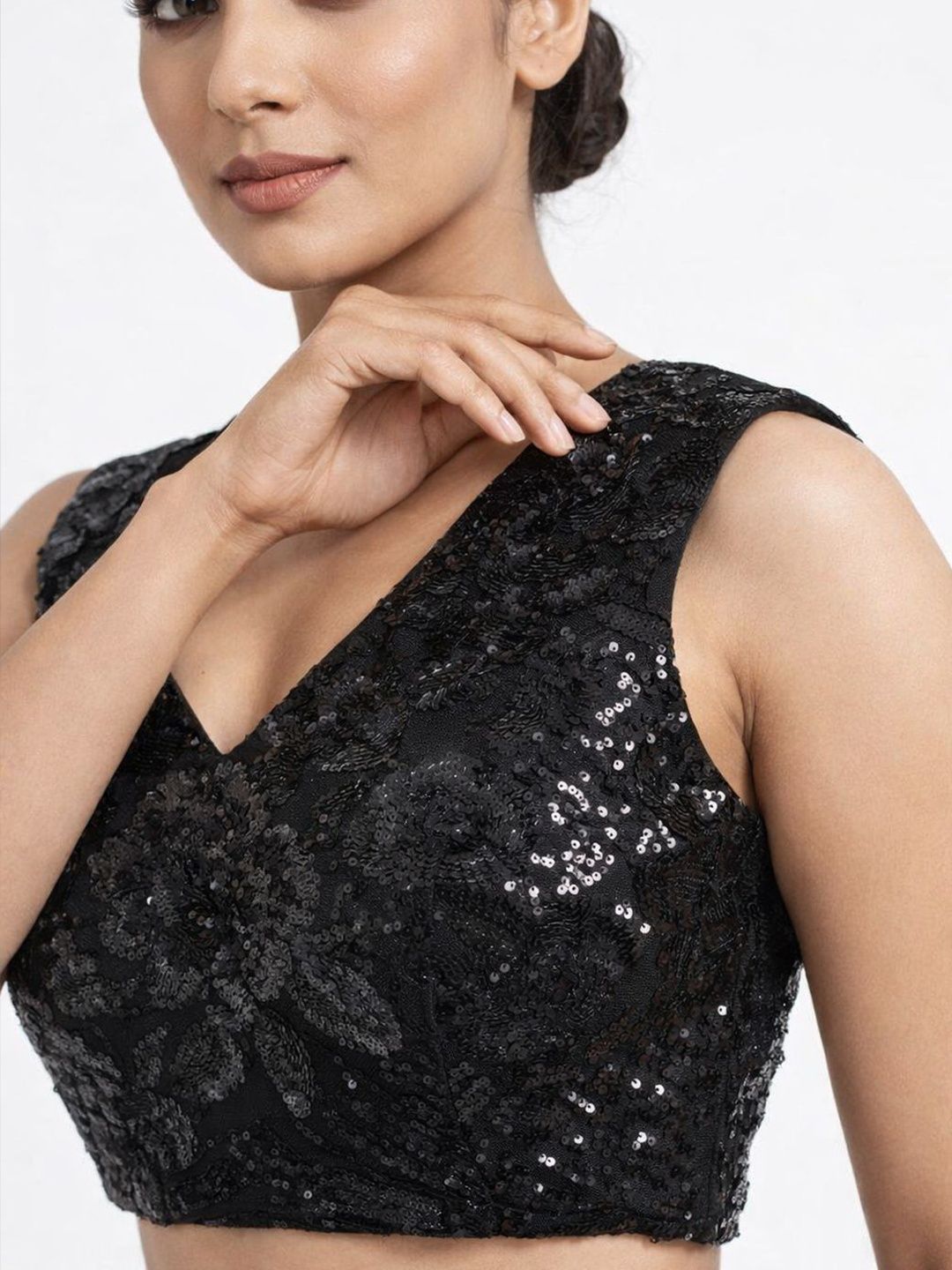 Black Sequin Embellished Designer Saree with Sleeveless Blouse
