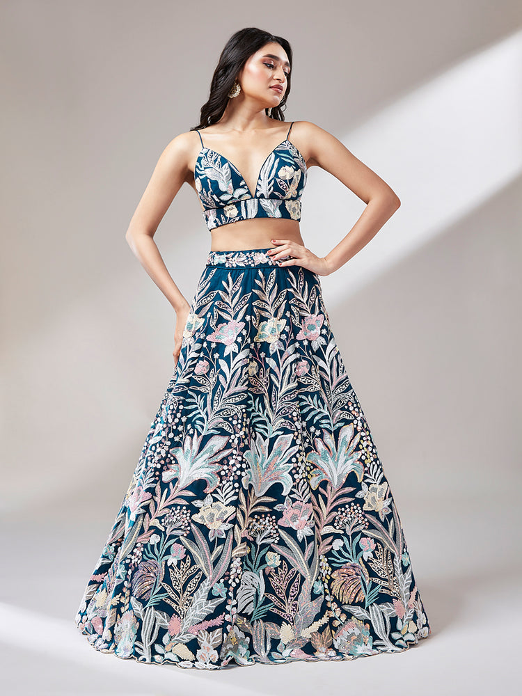 Navy Blue - Net Multi-Sequins Work Semi-Stitched Lehenga