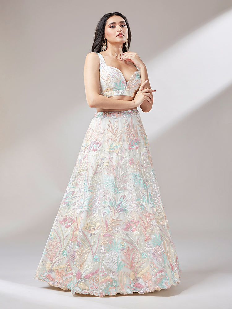 Cream - Net Multi-Sequins Work Semi-Stitched Lehenga