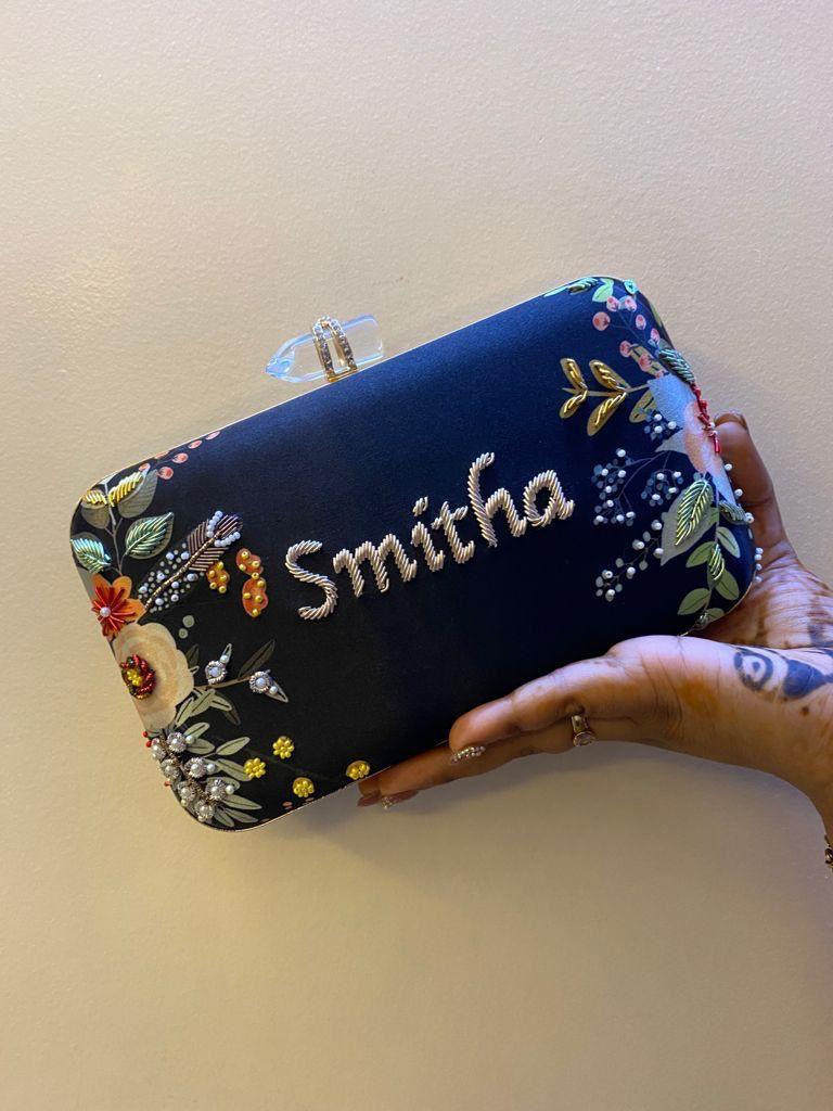 Customised Floral Embroidered Clutch with Transparent Knob - Blacks