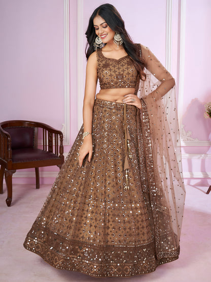 Attractive Brown Sequins Soft Net Engagement Wear Lehenga Choli