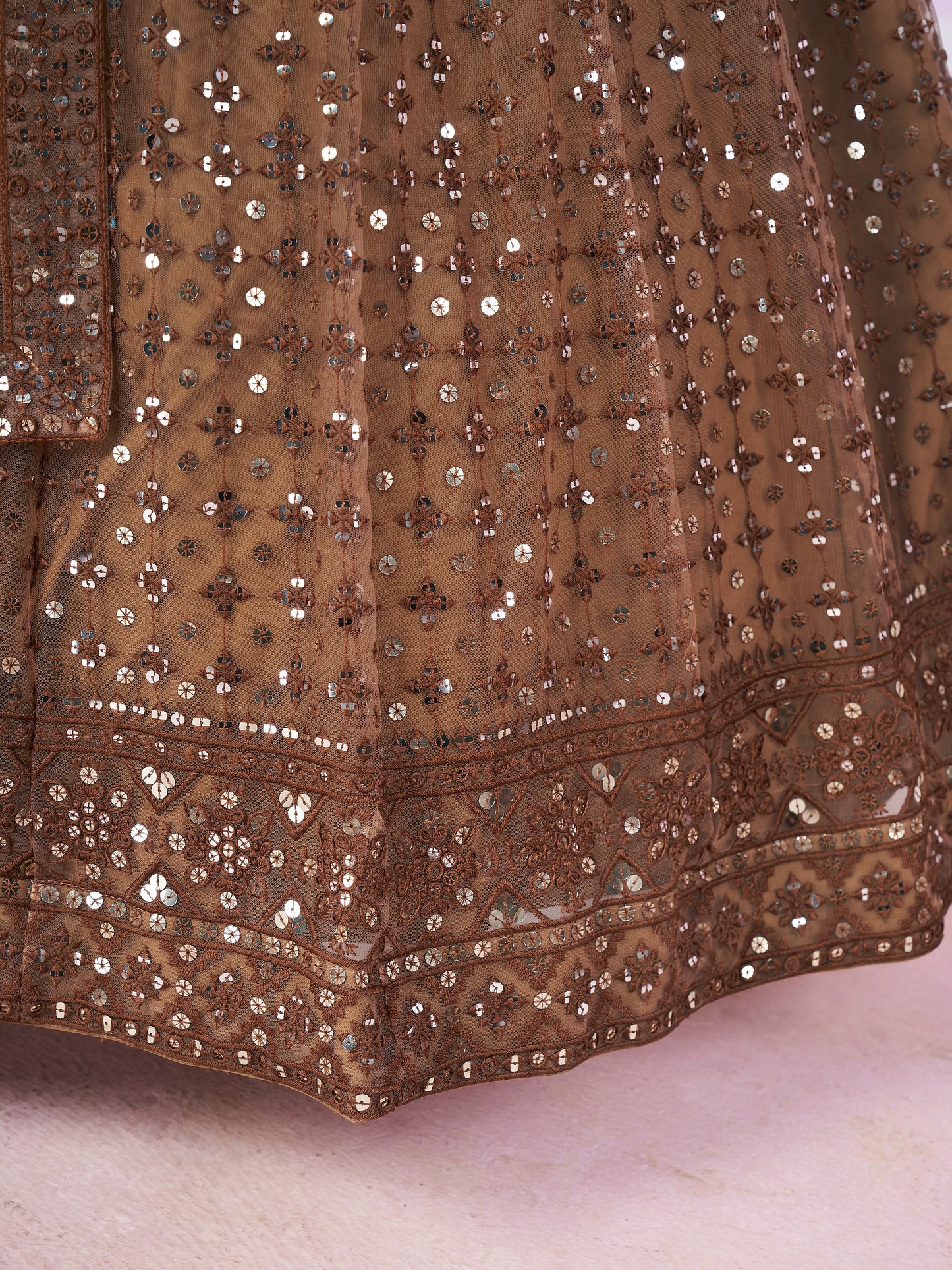 Attractive Brown Sequins Soft Net Engagement Wear Lehenga Choli