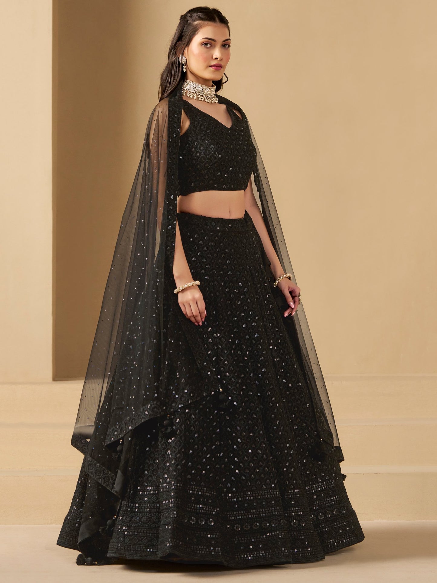 Black Bridesmaid Unstitched Blouse & Semi-Stitched Lehenga Choli