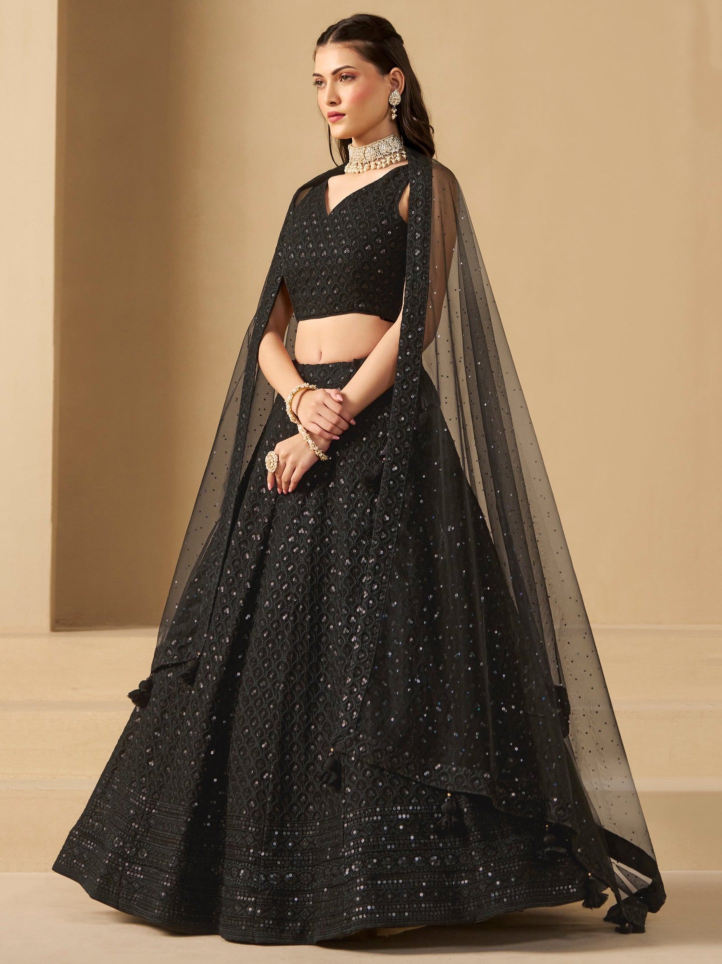 Black Bridesmaid Unstitched Blouse & Semi-Stitched Lehenga Choli