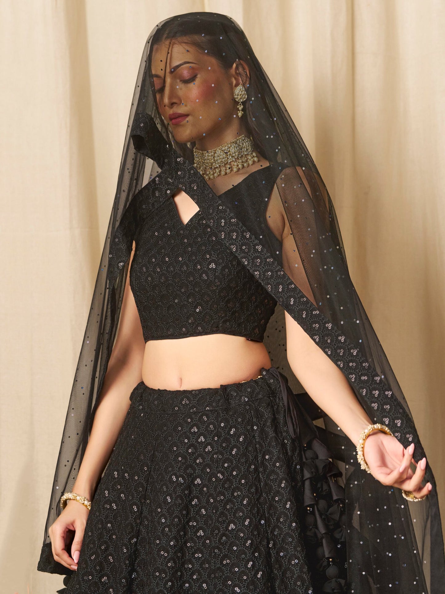 Black Bridesmaid Unstitched Blouse & Semi-Stitched Lehenga Choli