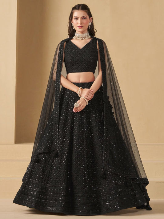 Black Bridesmaid Unstitched Blouse & Semi-Stitched Lehenga Choli