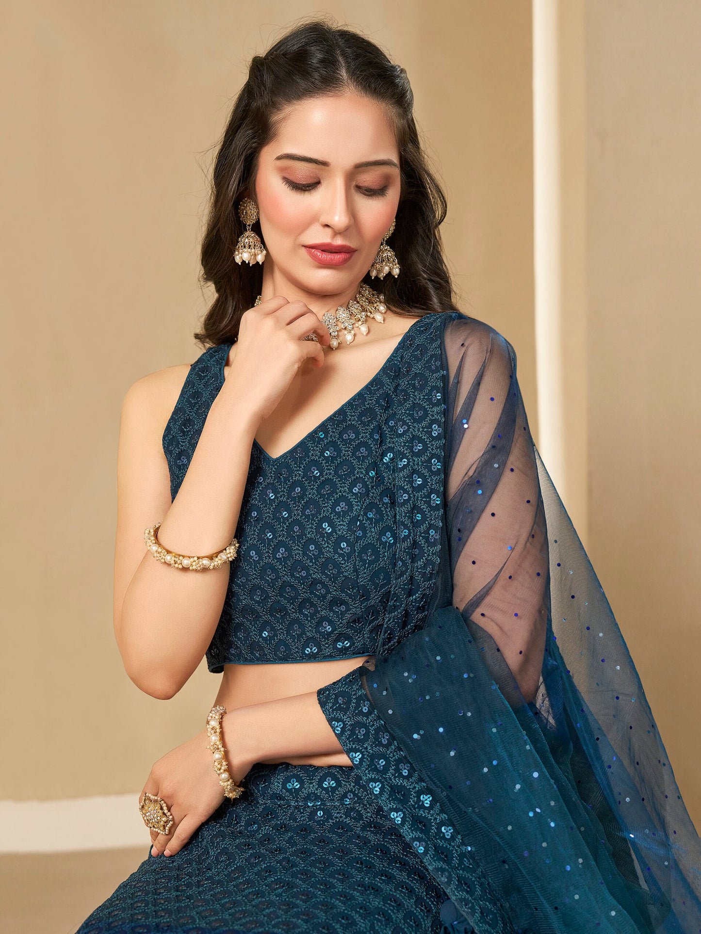 Blue Bridesmaid Unstitched Blouse & Semi-Stitched Lehenga Choli