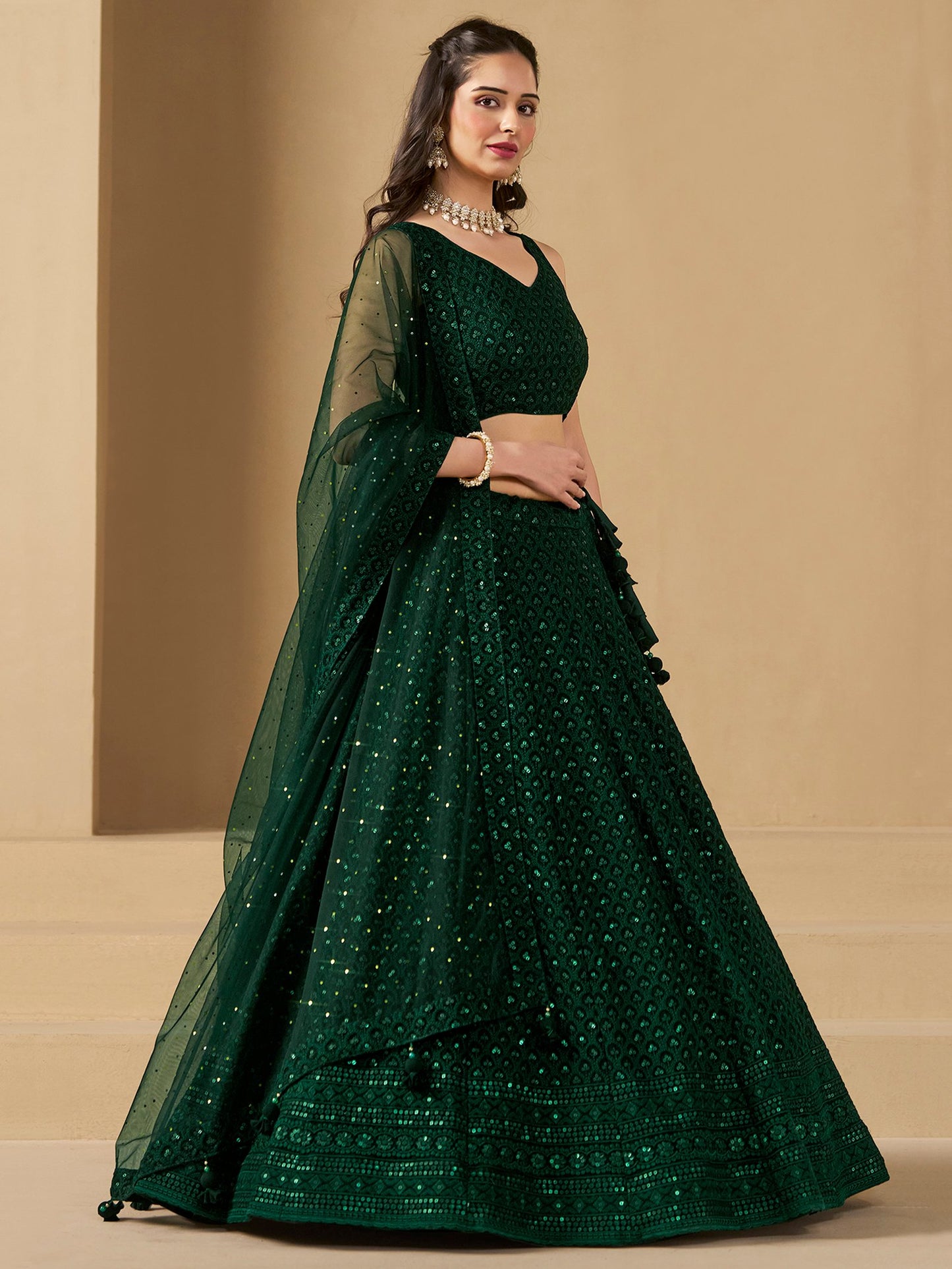 Green Bridesmaid Unstitched Blouse &amp; Semi-Stitched Lehenga Choli