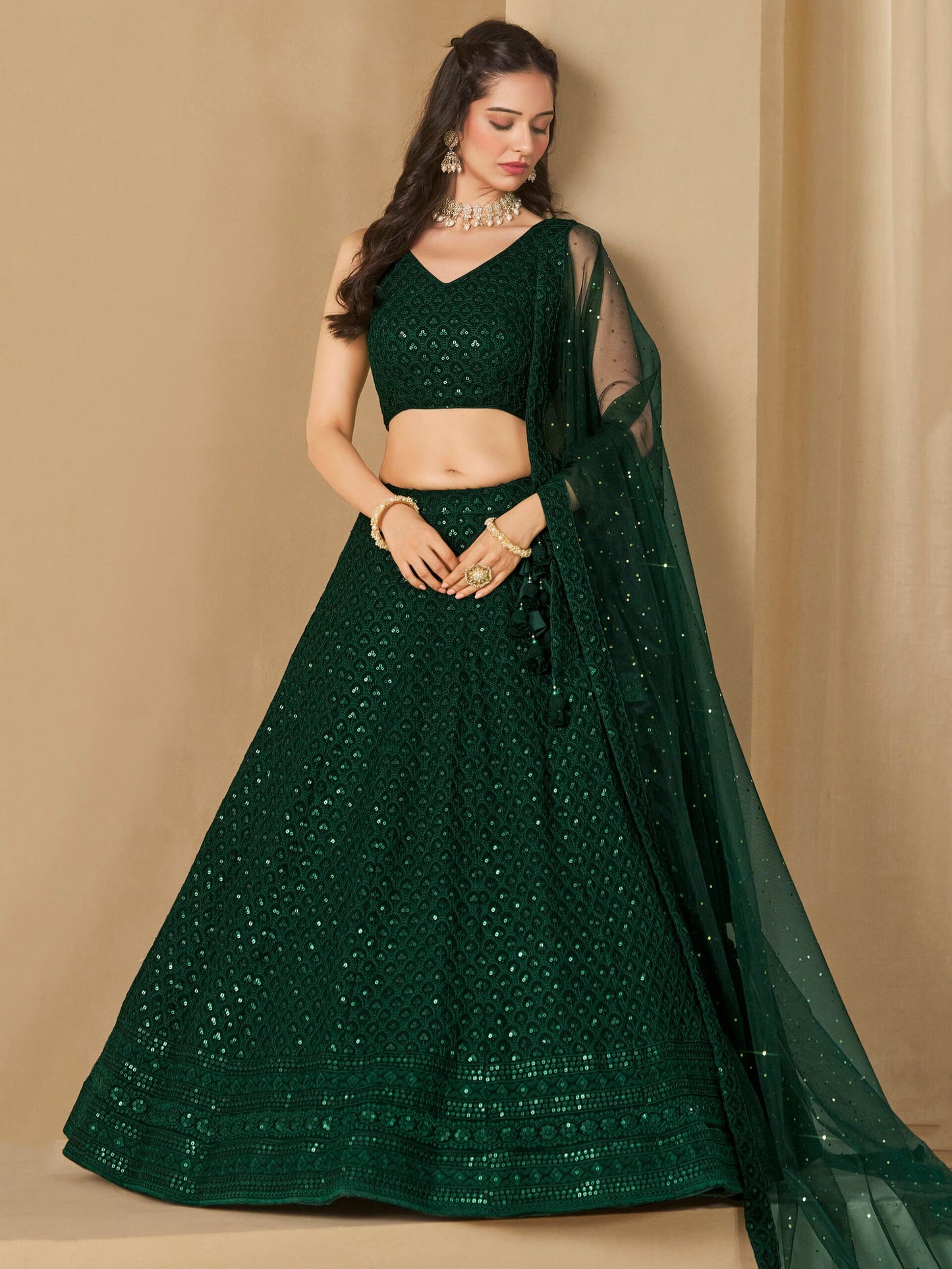 Green Bridesmaid Unstitched Blouse &amp; Semi-Stitched Lehenga Choli